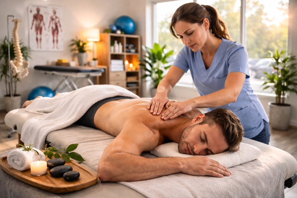Female registered massage therapist providing treatment to male patient in clinic for motor vehicle accident injury rehabilitation in Langley