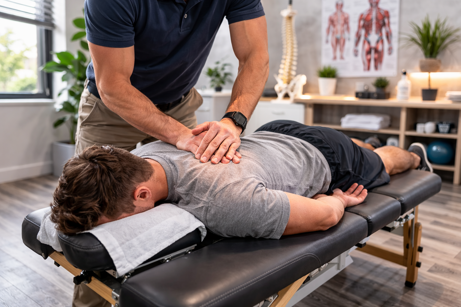 Chiropractor performing prone thoracic spine adjustment treatment in Langley clinic