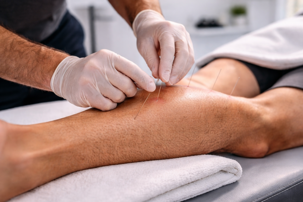 Dry needling treatment applied to calf muscle at physiotherapy clinic in Langley