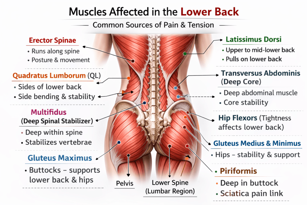 Illustration showing muscles affected in lower back pain including erector spinae, quadratus lumborum, multifidus and gluteal muscles