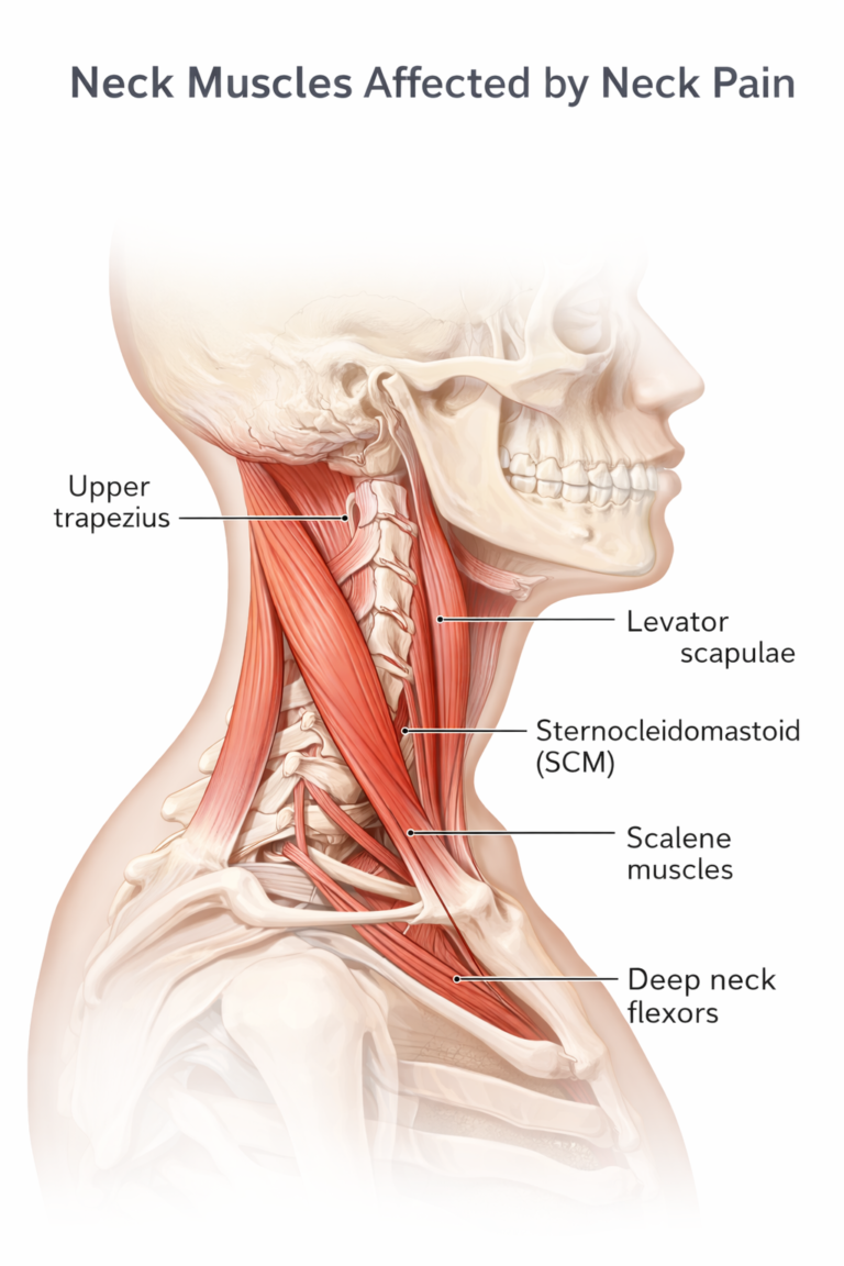 Illustration showing neck muscles affected by neck pain including trapezius, levator scapulae and sternocleidomastoid