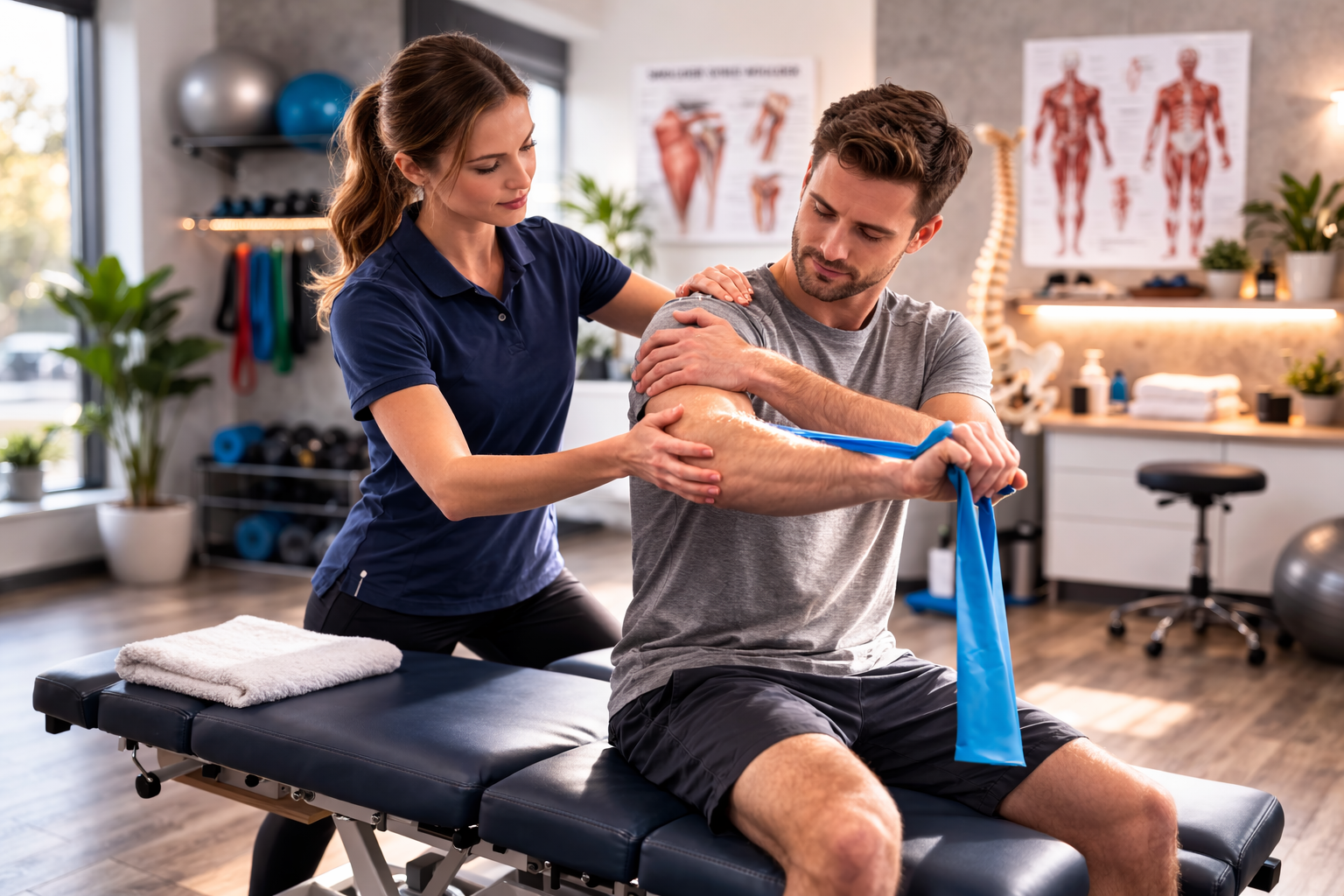 Physiotherapist treating shoulder pain using rehabilitation exercise in Langley clinic
