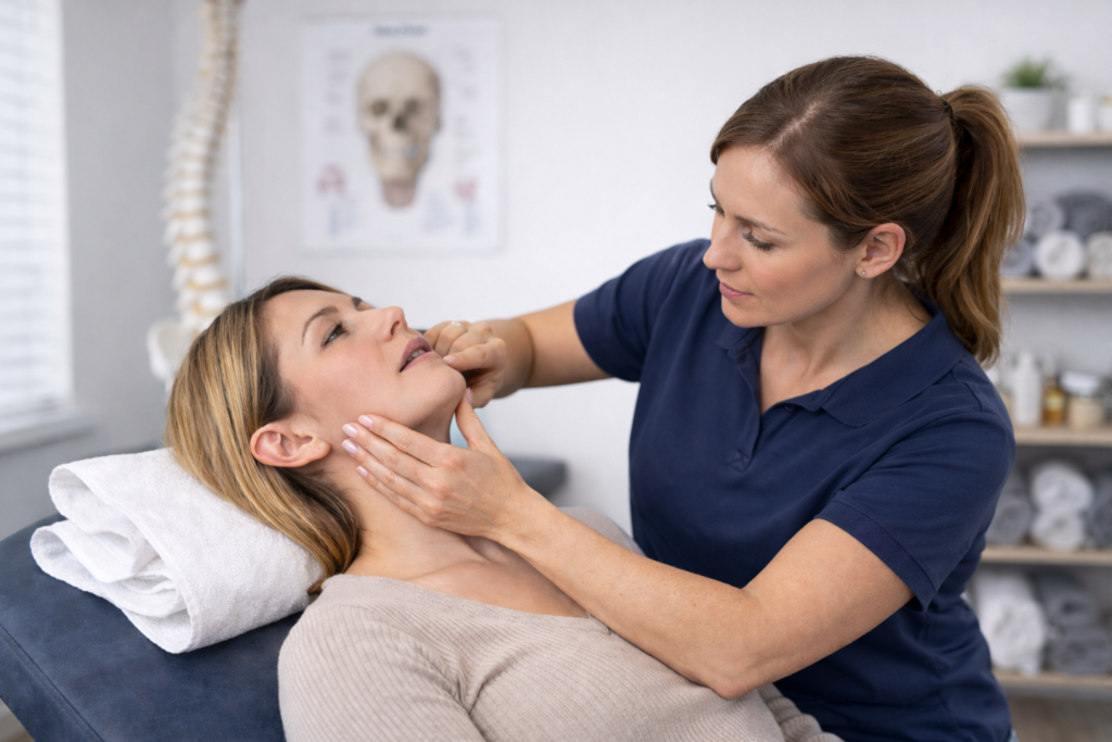 Physiotherapist performing TMJ assessment on patient in Langley clinic