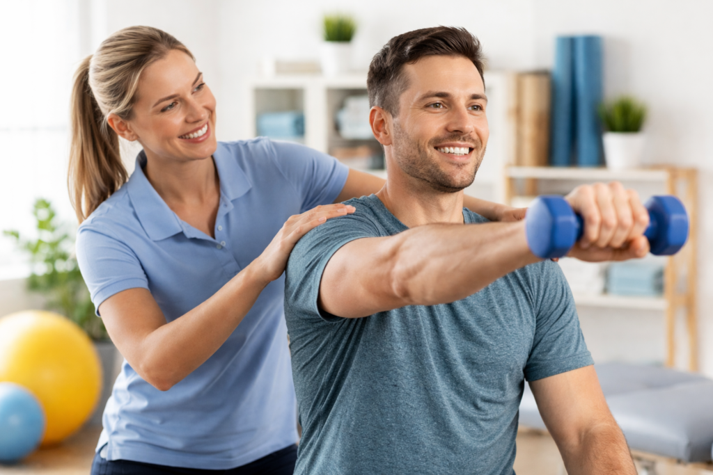 Physiotherapist guiding a male patient through a shoulder rehabilitation exercise in a Langley clinic