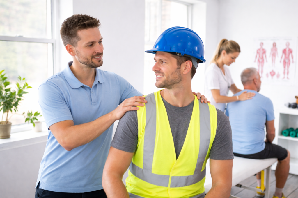 Physiotherapist assisting an injured worker during WorkSafeBC rehabilitation treatment in a Langley clinic