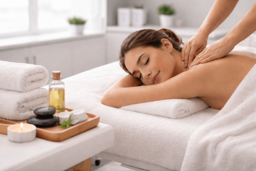 Bodywork massage therapist performing therapeutic back massage in a professional clinic treatment room in Langley