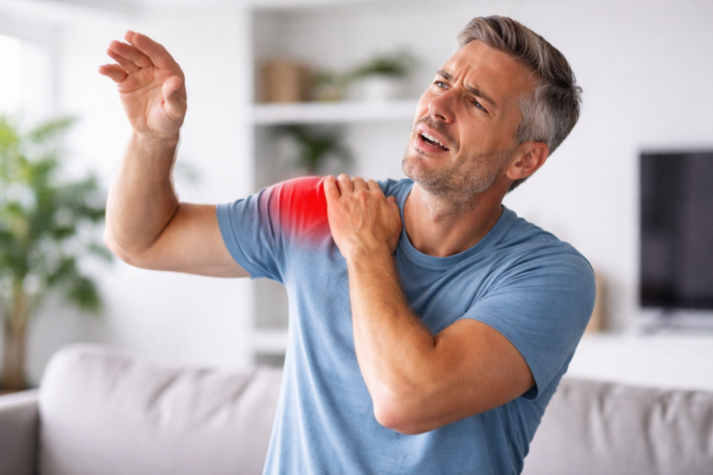 middle aged man struggling to raise arm due to frozen shoulder pain