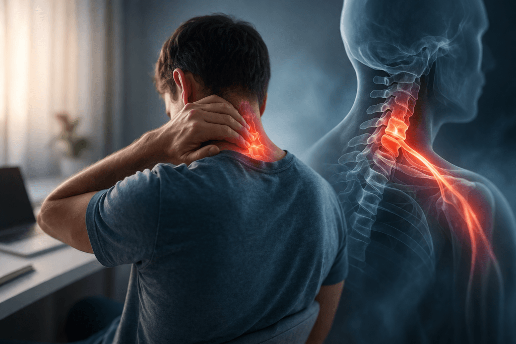 Herniated disc neck treatment in Langley showing nerve pain radiating down the arm