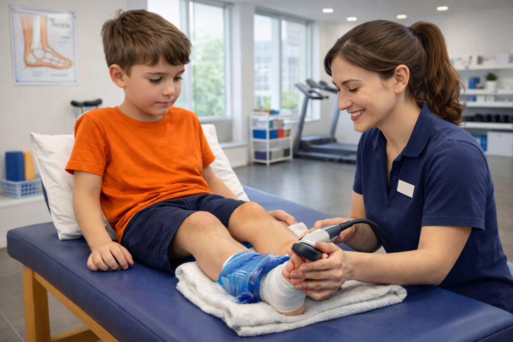 Youth boy receiving physiotherapy treatment for a swollen ankle in a modern clinic in Langley