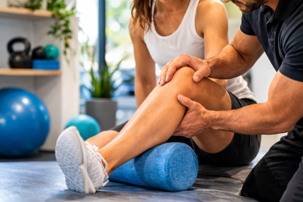 physiotherapist assessing knee pain during rehabilitation treatment in langley clinic
