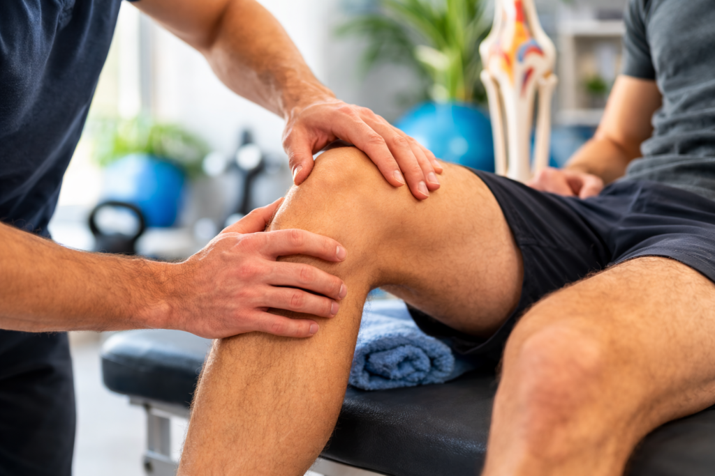 physiotherapist assisting patient with knee rehabilitation exercise in langley clinic