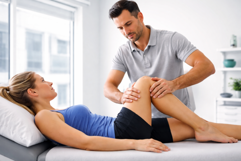 physiotherapist performing knee assessment for meniscus tear treatment in langley clinic