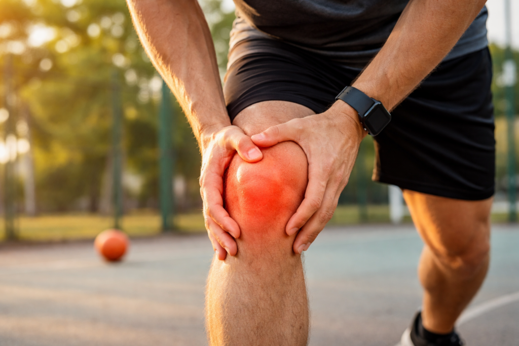 Athlete holding knee with patellar tendon pain during sports activity jumper’s knee injury