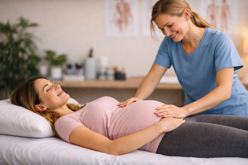 Pregnant patient receiving gentle pregnancy care treatment in Langley including chiropractic and pelvic floor physiotherapy support