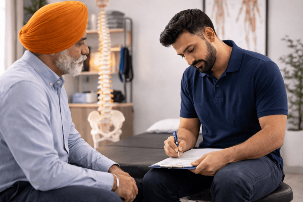 Punjabi patient consultation for chiropractic physiotherapy and massage therapy at Realign Chiro Physio and Rehab