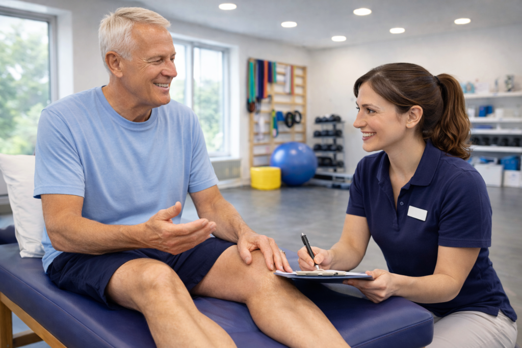 Senior patient in a physiotherapy consultation for knee pain in a modern physio clinic in Langley