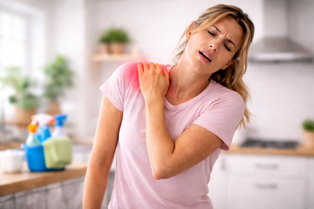 woman experiencing shoulder impingement pain while doing household chores