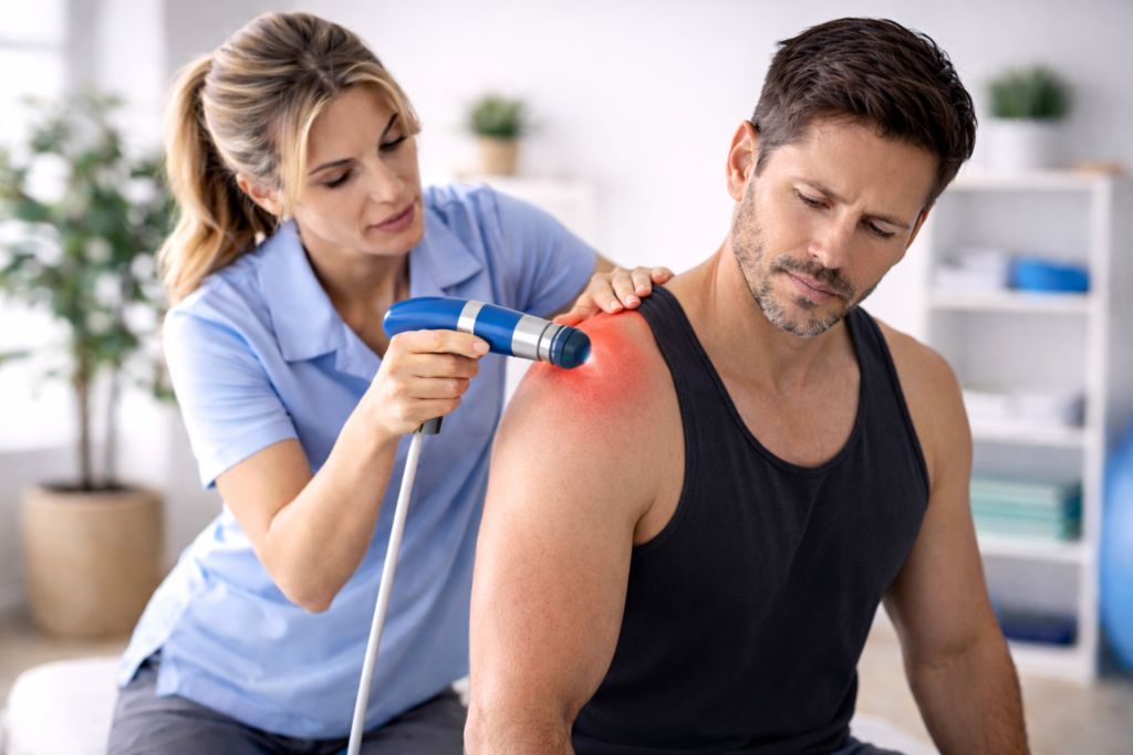 physiotherapist performing shockwave therapy on patient shoulder for shoulder pain treatment