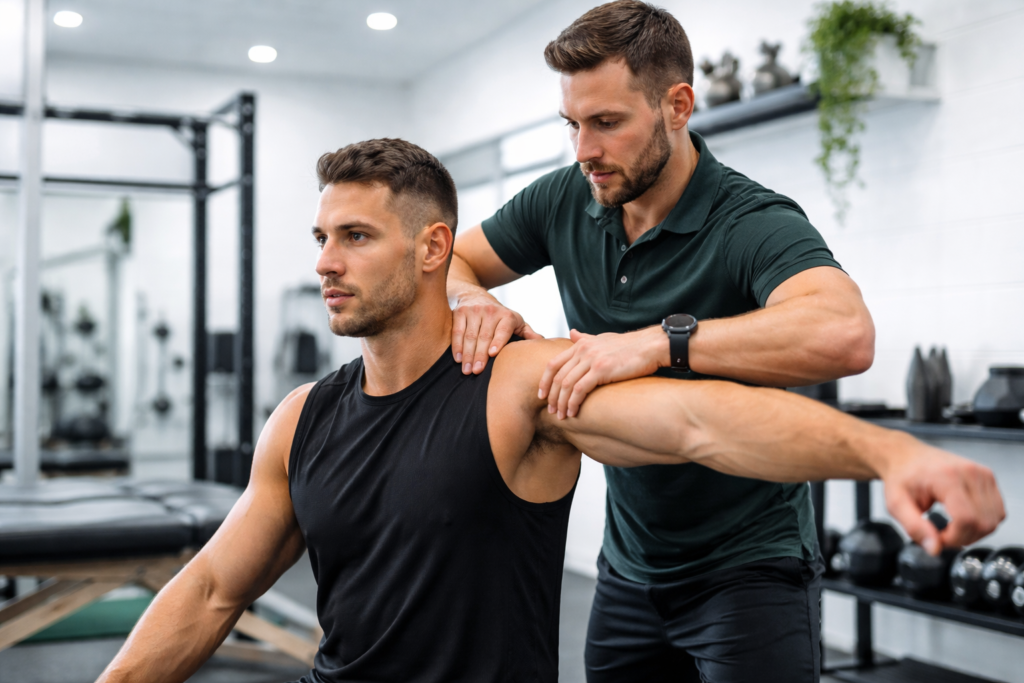 Sports chiropractor treating athlete shoulder injury in Langley clinic for performance and recovery