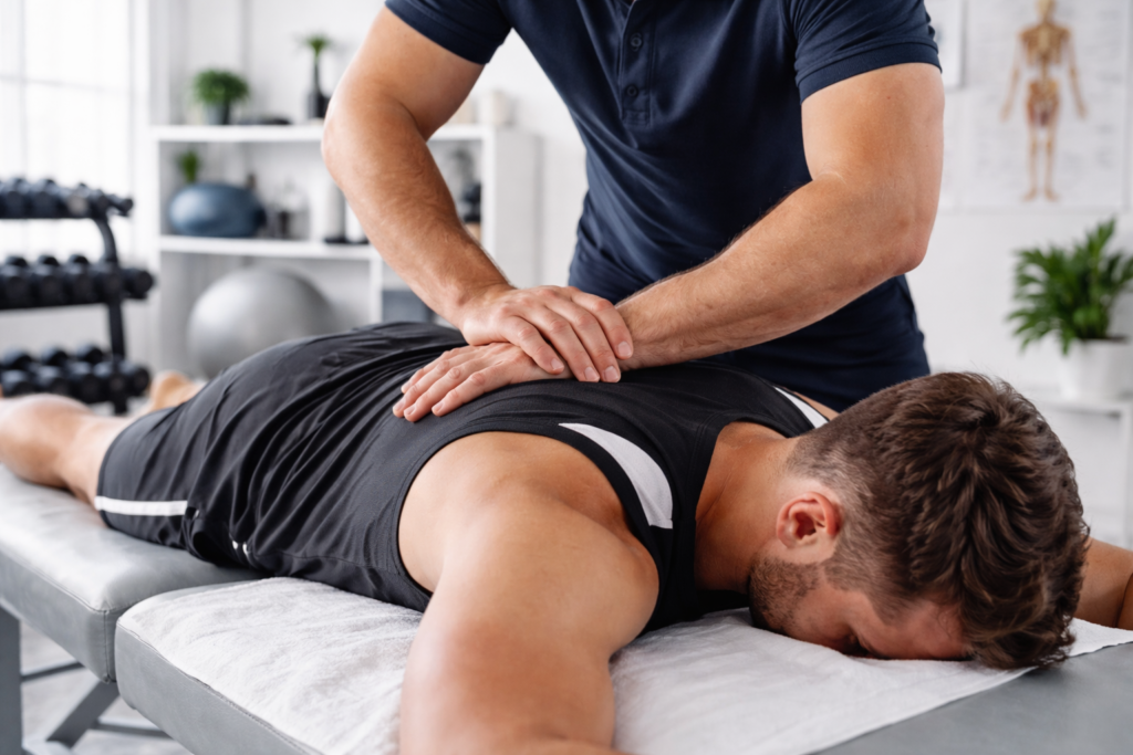 sports chiropractor Langley performing spinal adjustment on athlete