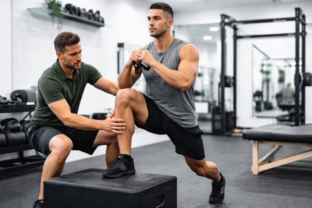 Sports physiotherapist guiding athlete through knee rehab exercise in Langley clinic
