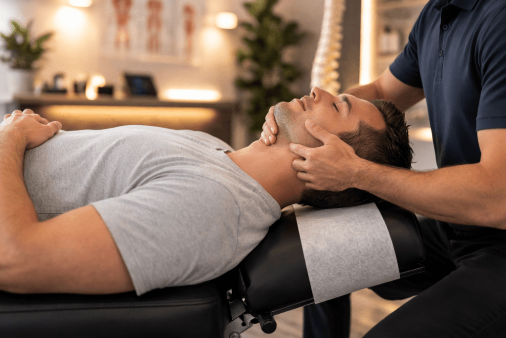 Chiropractor performing TMJ treatment on male patient lying on chiropractic table in Langley clinic