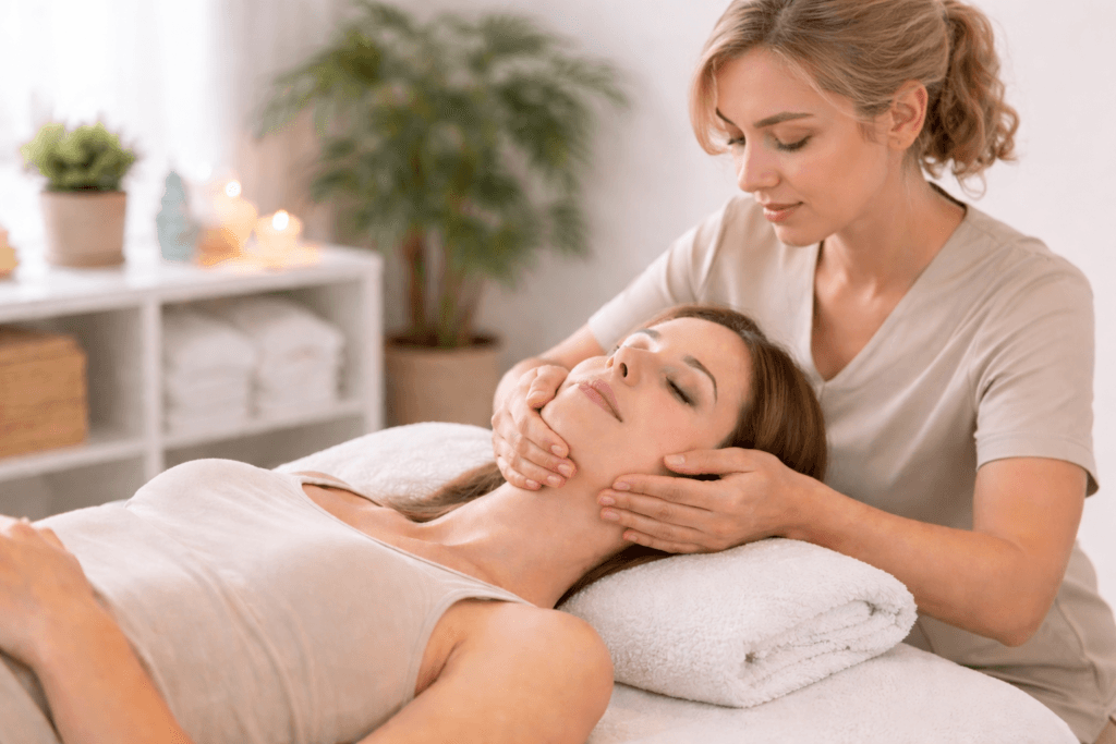 Registered massage therapist performing TMJ massage therapy on patient lying on treatment table in Langley clinic