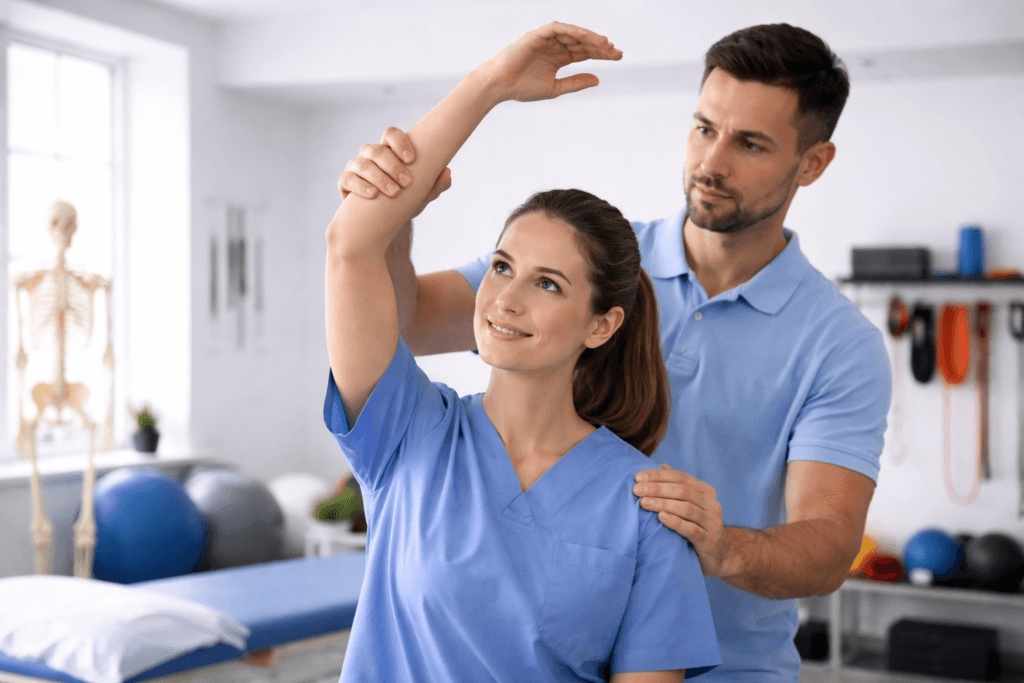 WorkSafe claim treatment shoulder assessment in Langley physiotherapist testing shoulder range of motion for injured healthcare worker