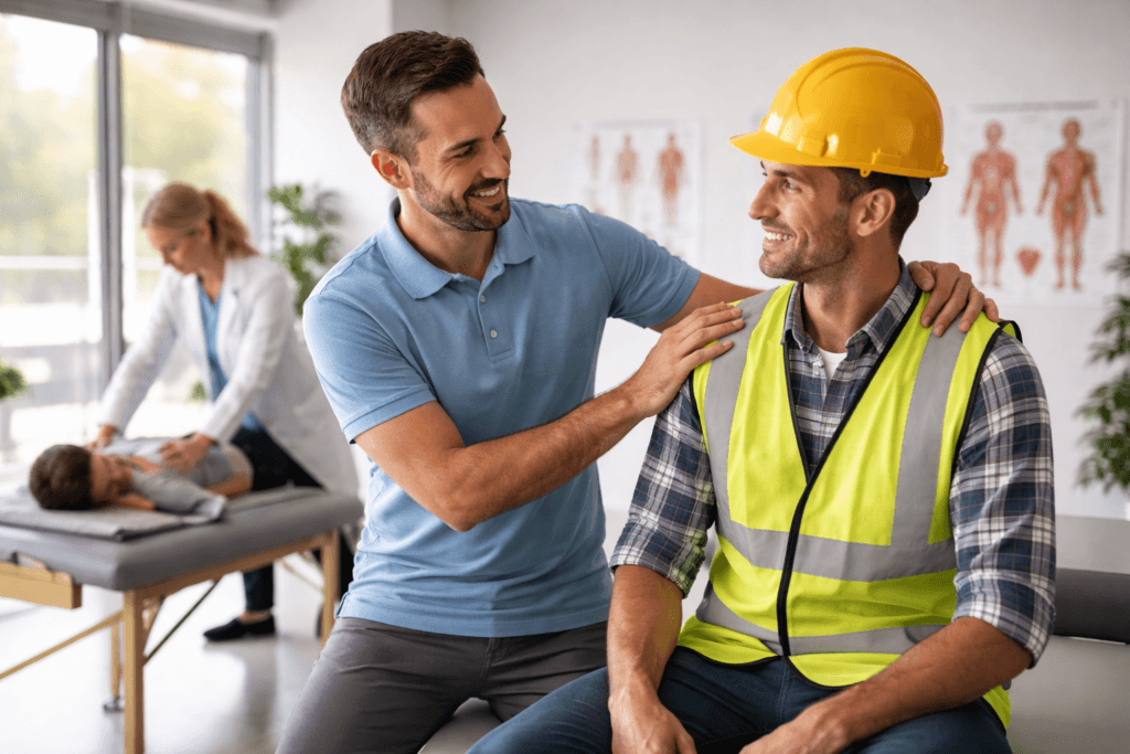 WorkSafe injury clinic in Langley treating a construction worker with workplace injury rehabilitation
