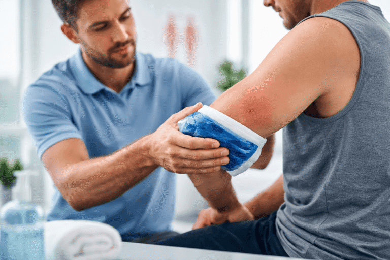 Elbow bursitis treatment in Langley with physiotherapist applying therapy to swollen elbow