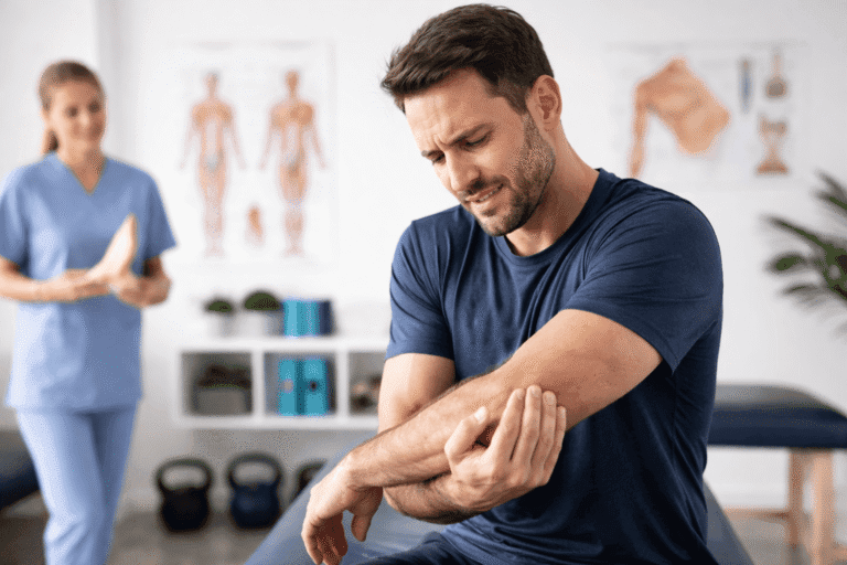 physiotherapy treatment for tennis elbow in Langley focusing on outer elbow pain and lateral epicondylitis rehab