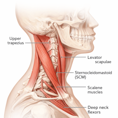Illustration showing neck muscles affected by neck pain including trapezius, levator scapulae and sternocleidomastoid