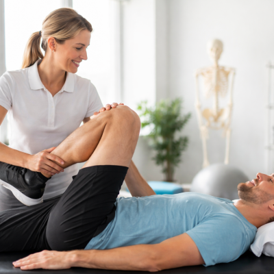 Physiotherapist assisting a patient with guided rehabilitation exercise during physiotherapy treatment in Langley