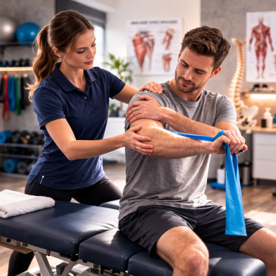 Physiotherapist treating shoulder pain using rehabilitation exercise in Langley clinic